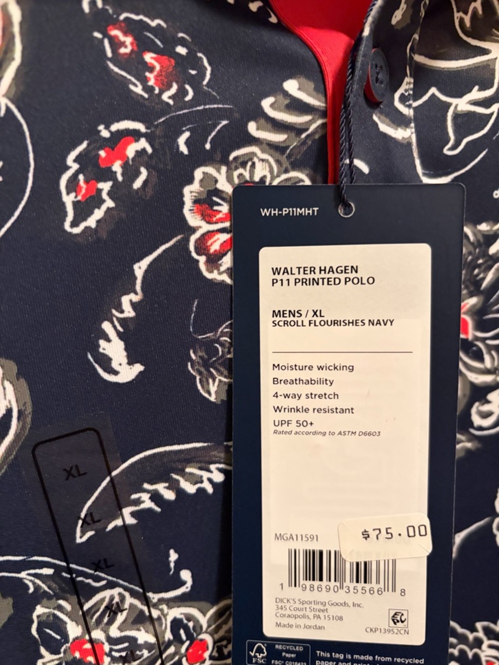 Walter Hagen Men’s Polo. “Scroll Flourishes Navy”. Size XL. New with tags - Picture 8 of 8